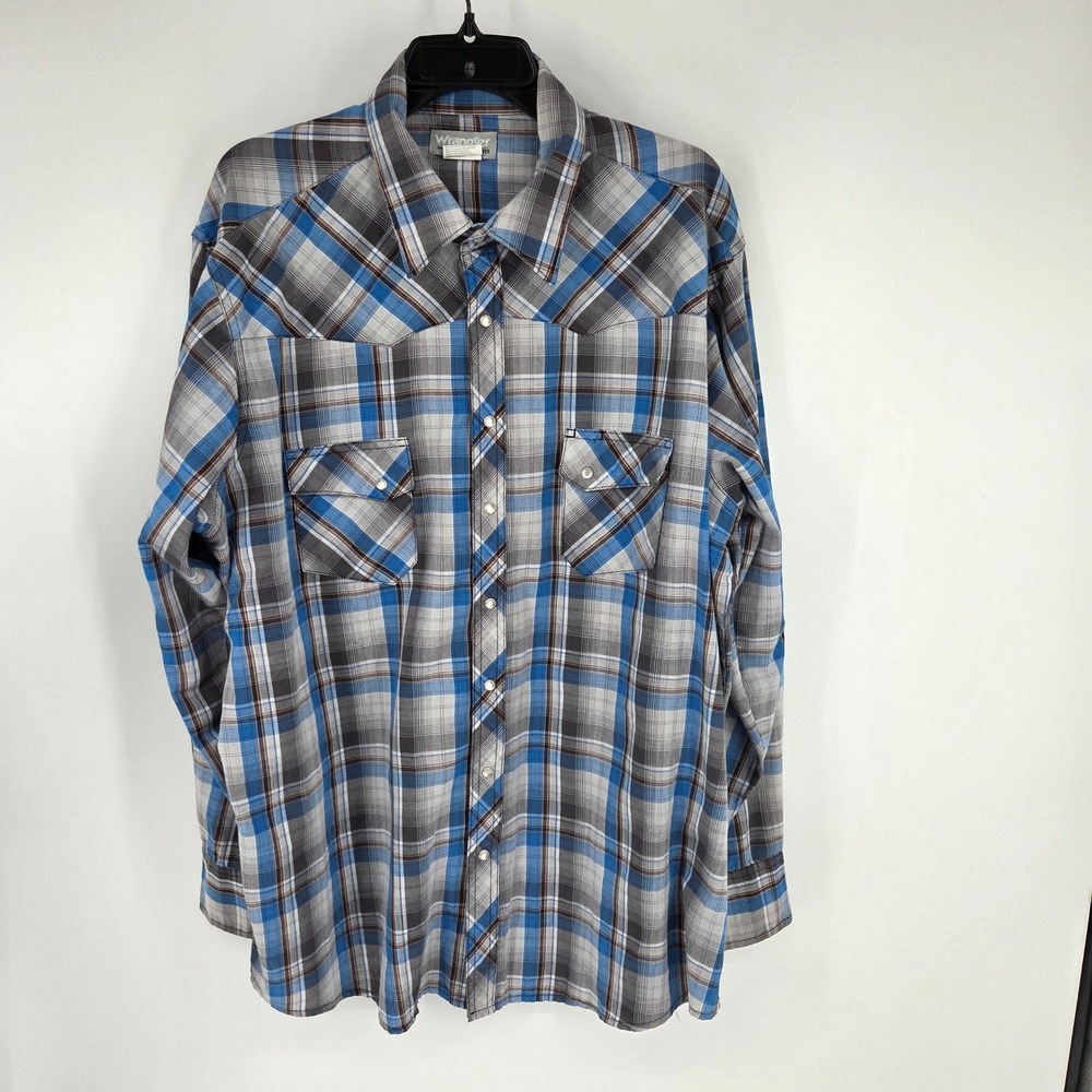 Wrangler Wrancher Mens 2XT Blue Plaid Western Snap Long Sleeve Shirt MTW1267